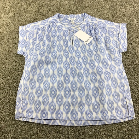 Splendid Women XS Blue White Ikat Pattern Linen St Tropez Blouse Top NWT - Picture 2 of 9
